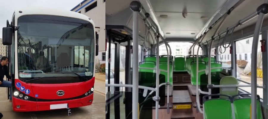 מימין: מראה כללי של האוטובוס החשמלי מבפנים. משמאל:האוטובוס החשמלי של BYD