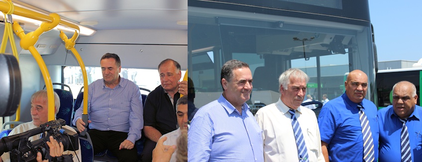 מימין ומשמאל לימין שר התחבורה כץ, יור אגד אבי פרידמן, מנהל אזור הצפון אבי דבדה, מנהל חטיבת הנדסת רכב יוסי כהן. משמאל השר כץ, ראש עירית חיפה ואבי פרידמן במהלך נסיעת ההתנסות